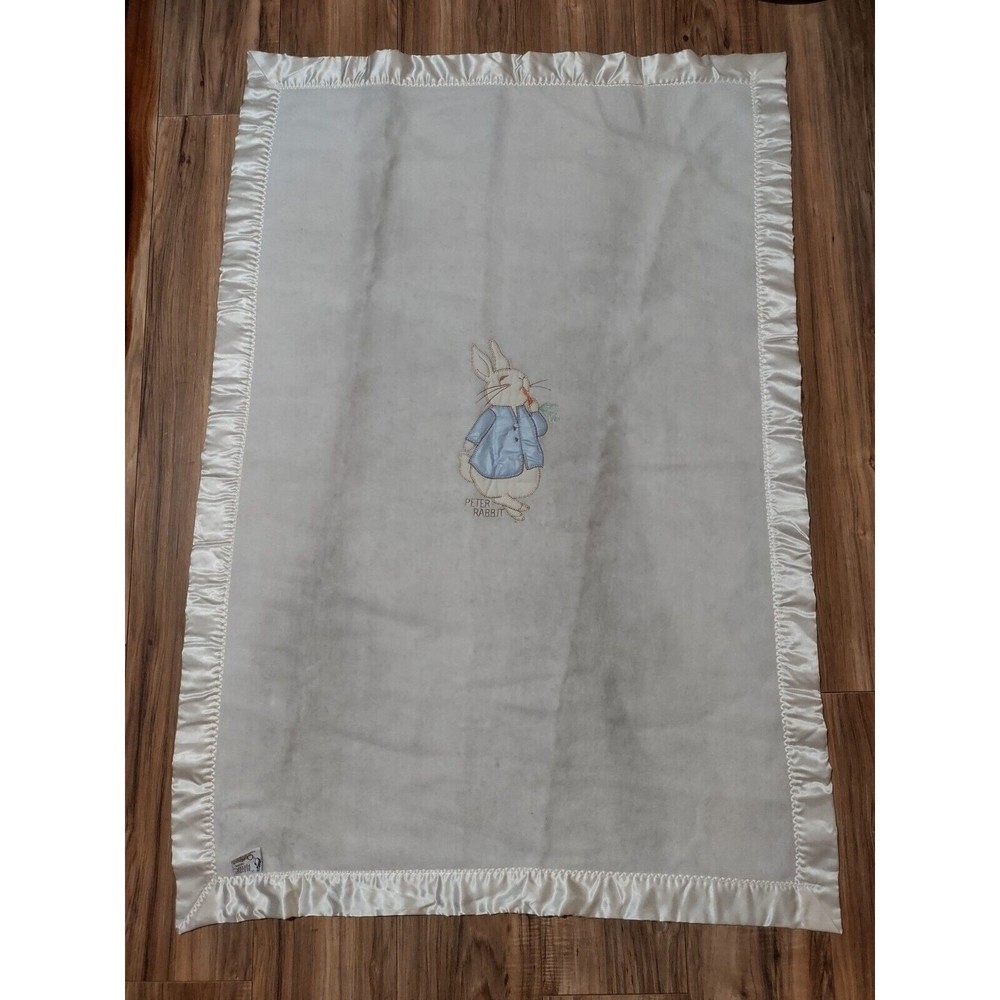 Vintage Beatrix Potter Quiltex Peter Rabbit Embroidered Satin Edge Blanket Union